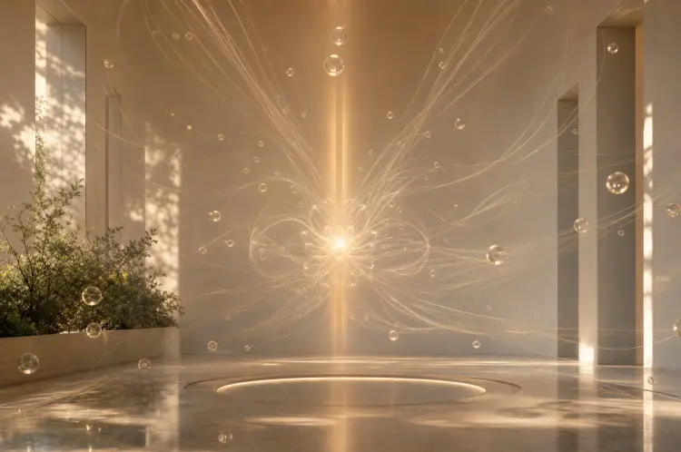 Abstract golden threads of light converging into a symmetrical bloom inside a bright ivory hall